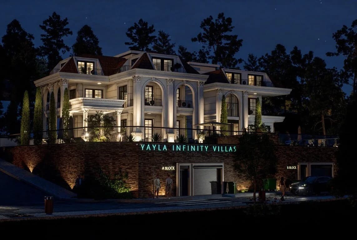 Luxury modern neoclassical villas illuminated at night with grand columns, private garages, landscaped gardens, premium exterior lighting, and elegant architectural design.