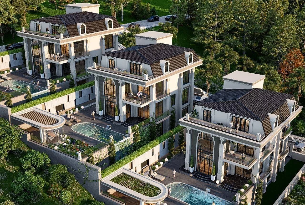 Aerial view of luxury modern classic villas featuring private swimming pools, spacious terraces, landscaped gardens, and elegant architectural design.